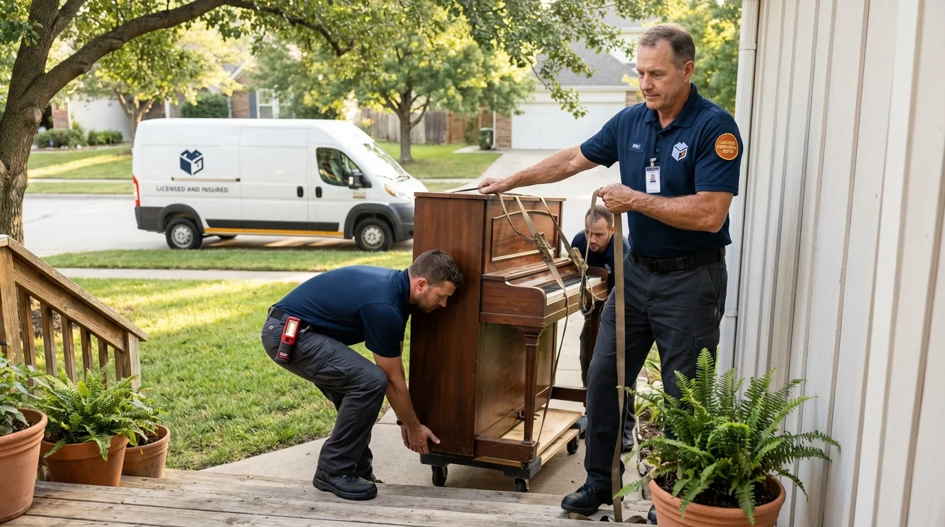 Licensed piano movers securing grand piano in Frederick, MD